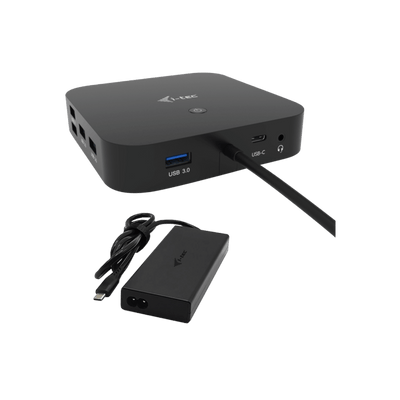 Stacja dokująca i-tec USB-C Dual Display Docking Station Power Delivery 100 W + Zasilacz i-tec Universal Charger 100 W.