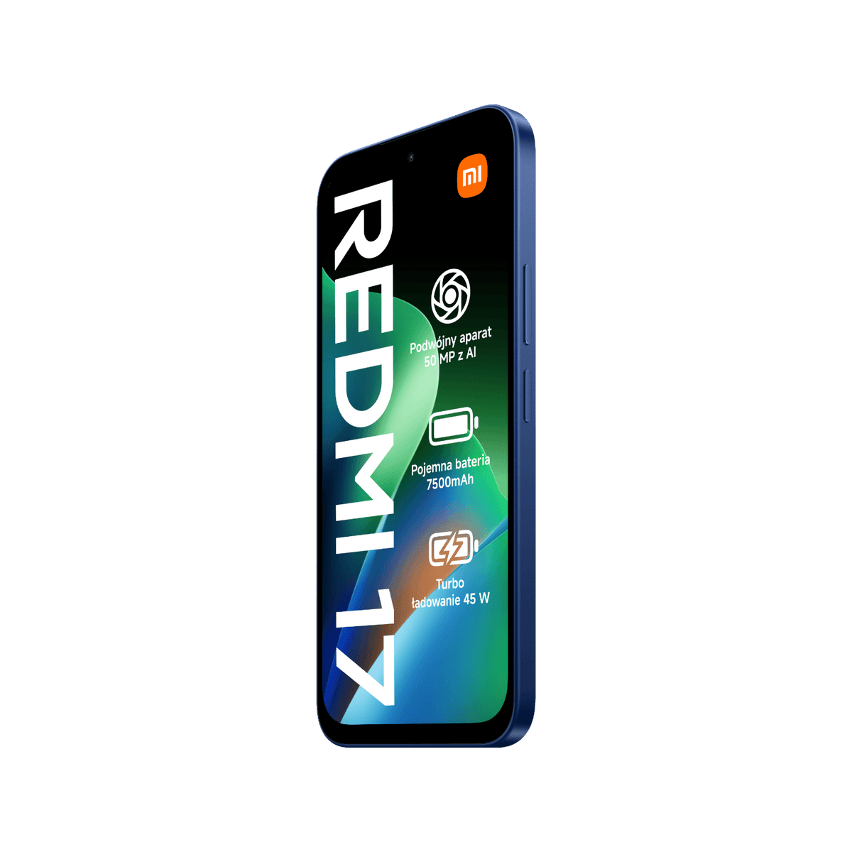 Smartfon Redmi 17 Niebieski, Przedni, prawy bok