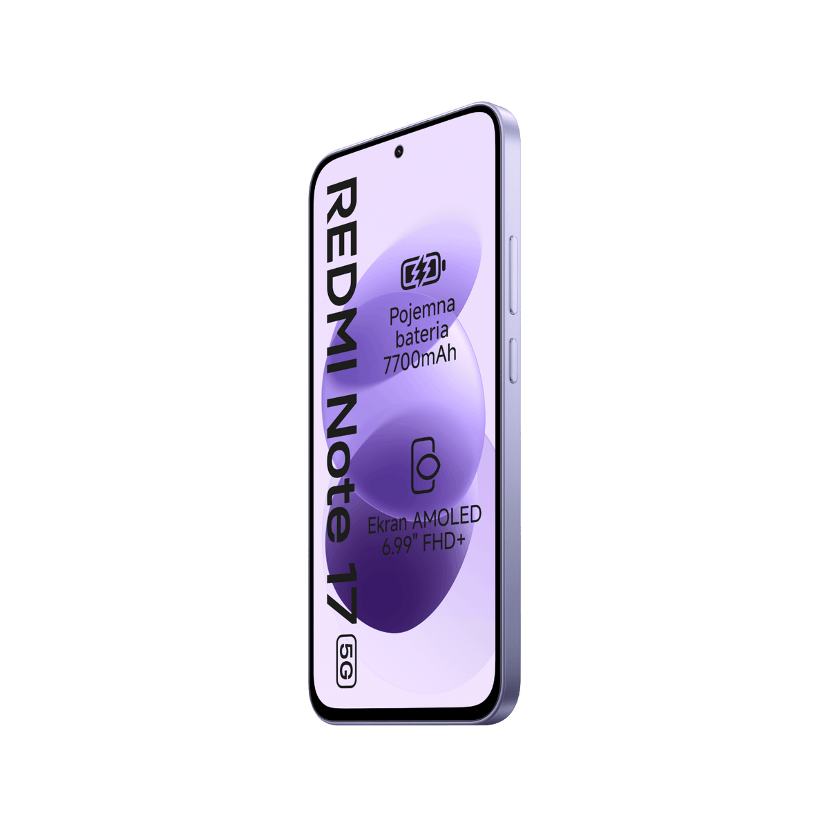 Smartfon Redmi Note 17 5G Fioletowy Przedni prawy bok
