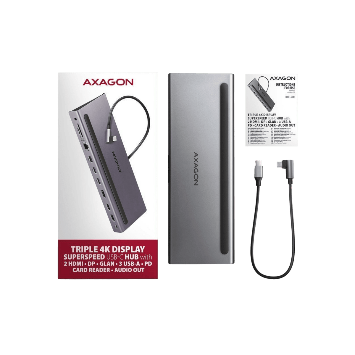 Stacja dokująca AXAGON HMC-4KX3 USB-C Triple 4K Display Power Delivery 100 W.