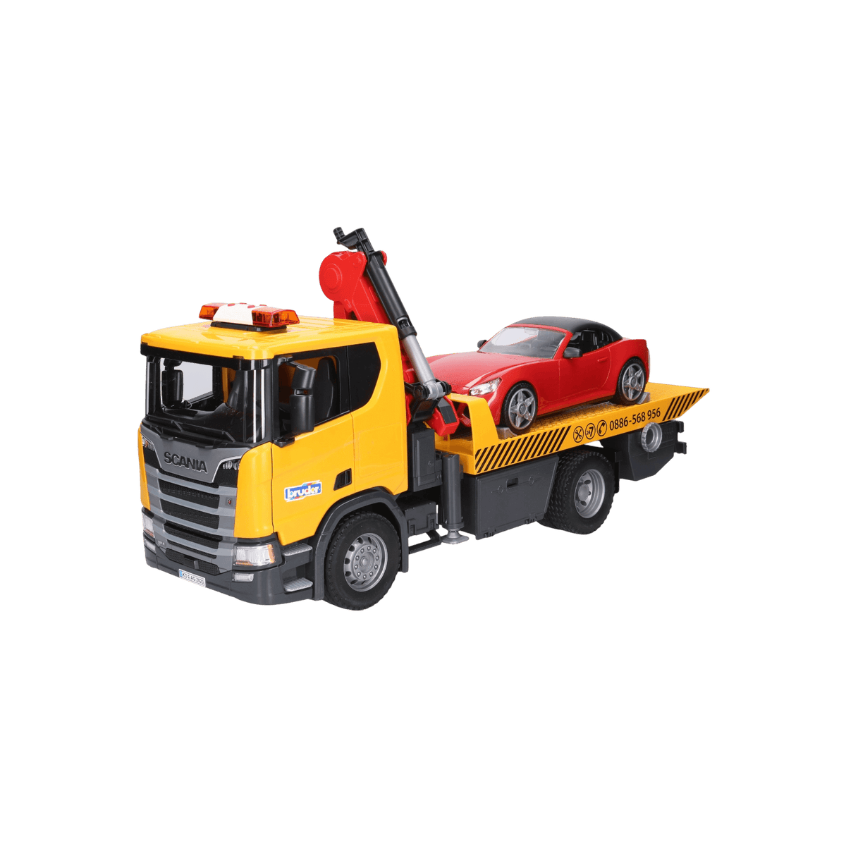 Laweta pomocy drogowej z autem wyścigowym BRUDER Scania Super 560R.