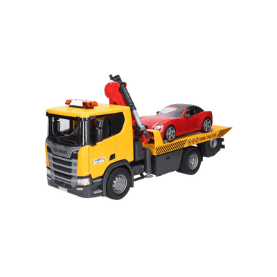 Laweta pomocy drogowej z autem wyścigowym BRUDER Scania Super 560R.