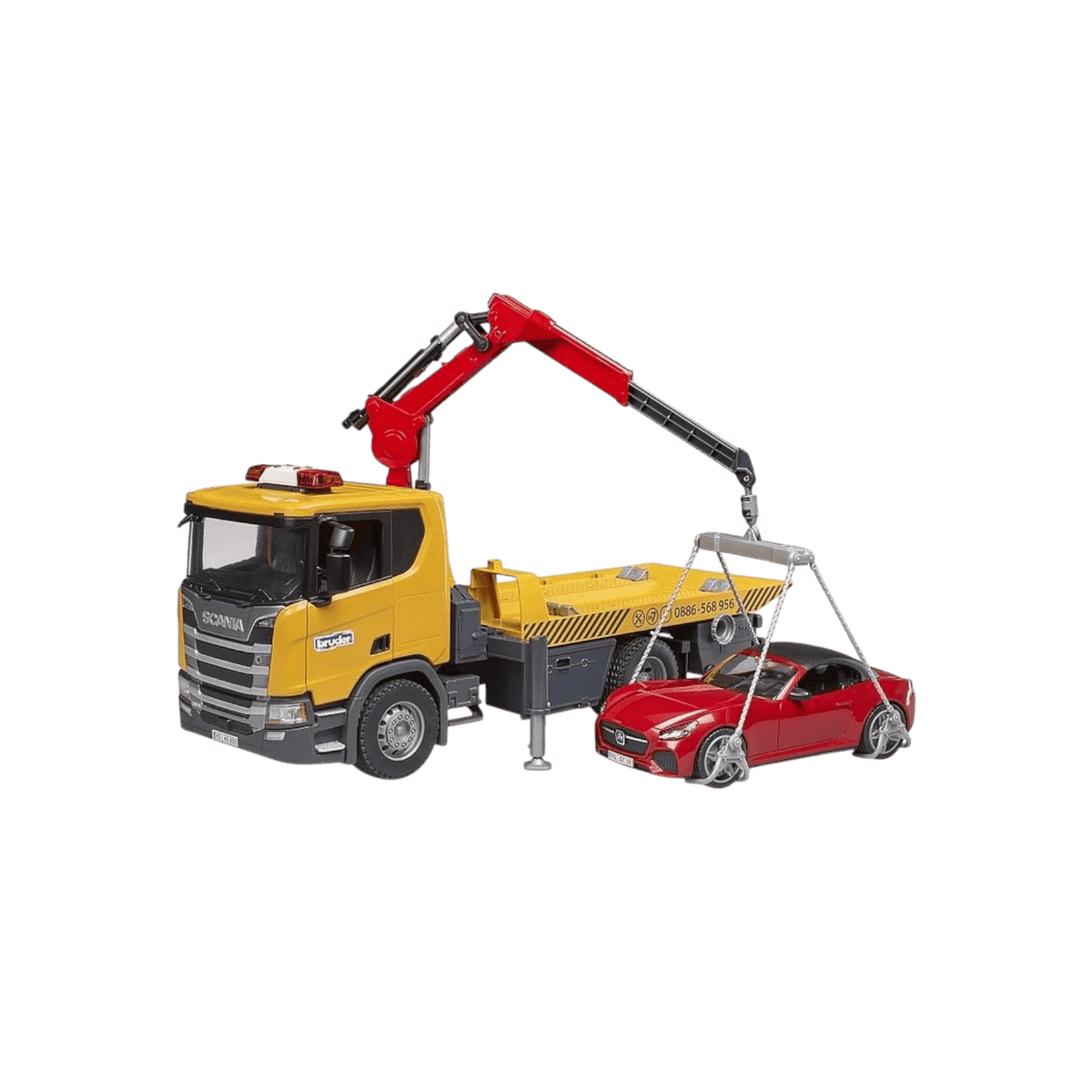 Laweta pomocy drogowej z autem wyścigowym BRUDER Scania Super 560R.