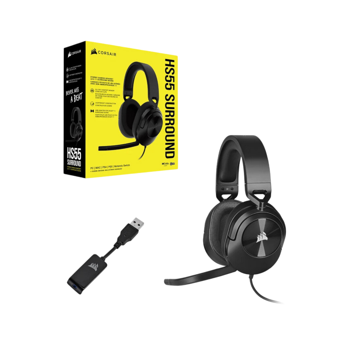 Słuchawki gamingowe przewodowe nauszne Corsair HS55 Surround Carbon.