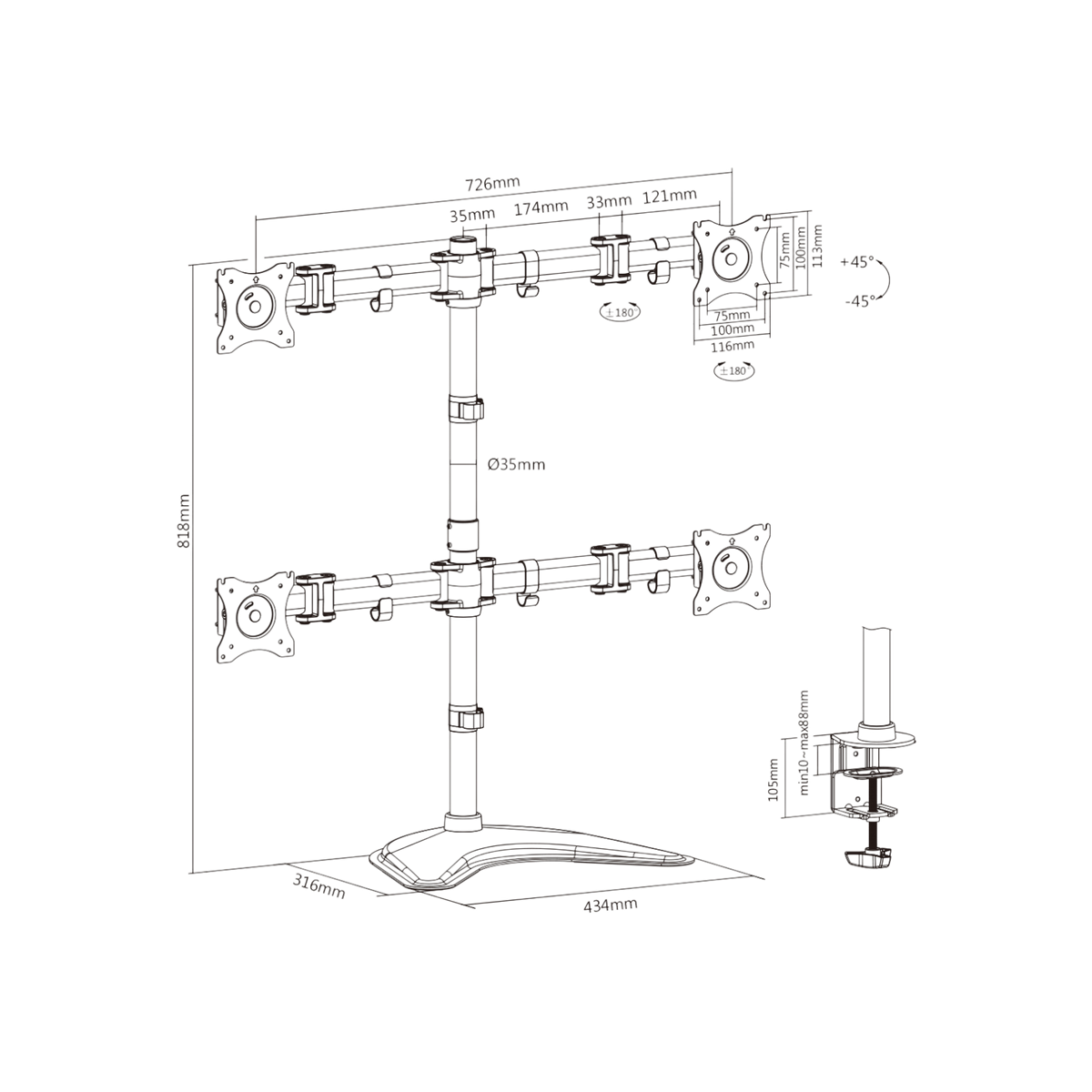 Stojak biurkowy na 4 monitory Digitus 15" - 27" DA-90364 8kg.