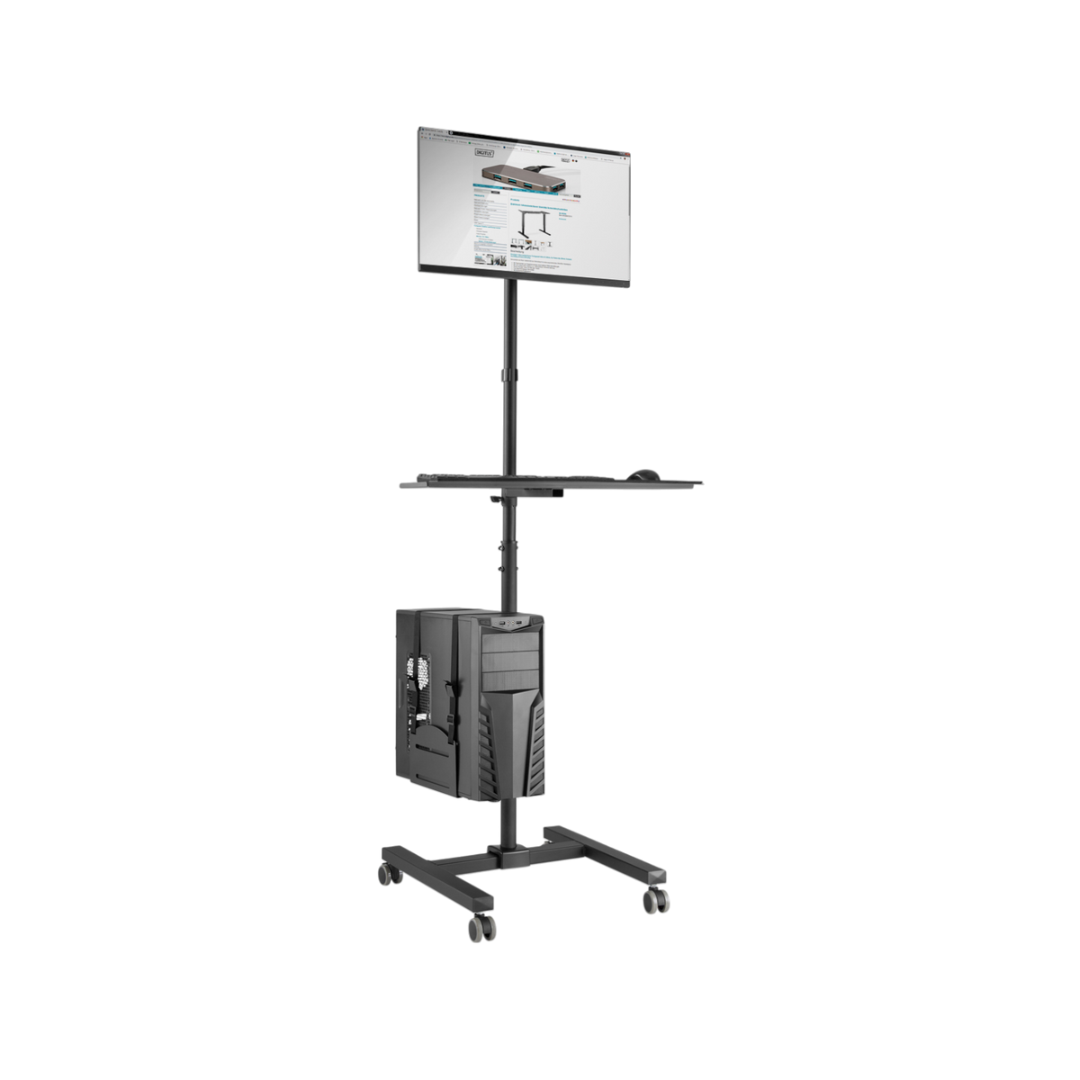 Mobilna stanowisko robocze z uchwytem na monitor, klawiaturę/mysz i komputer PC Digitus DA-90374.