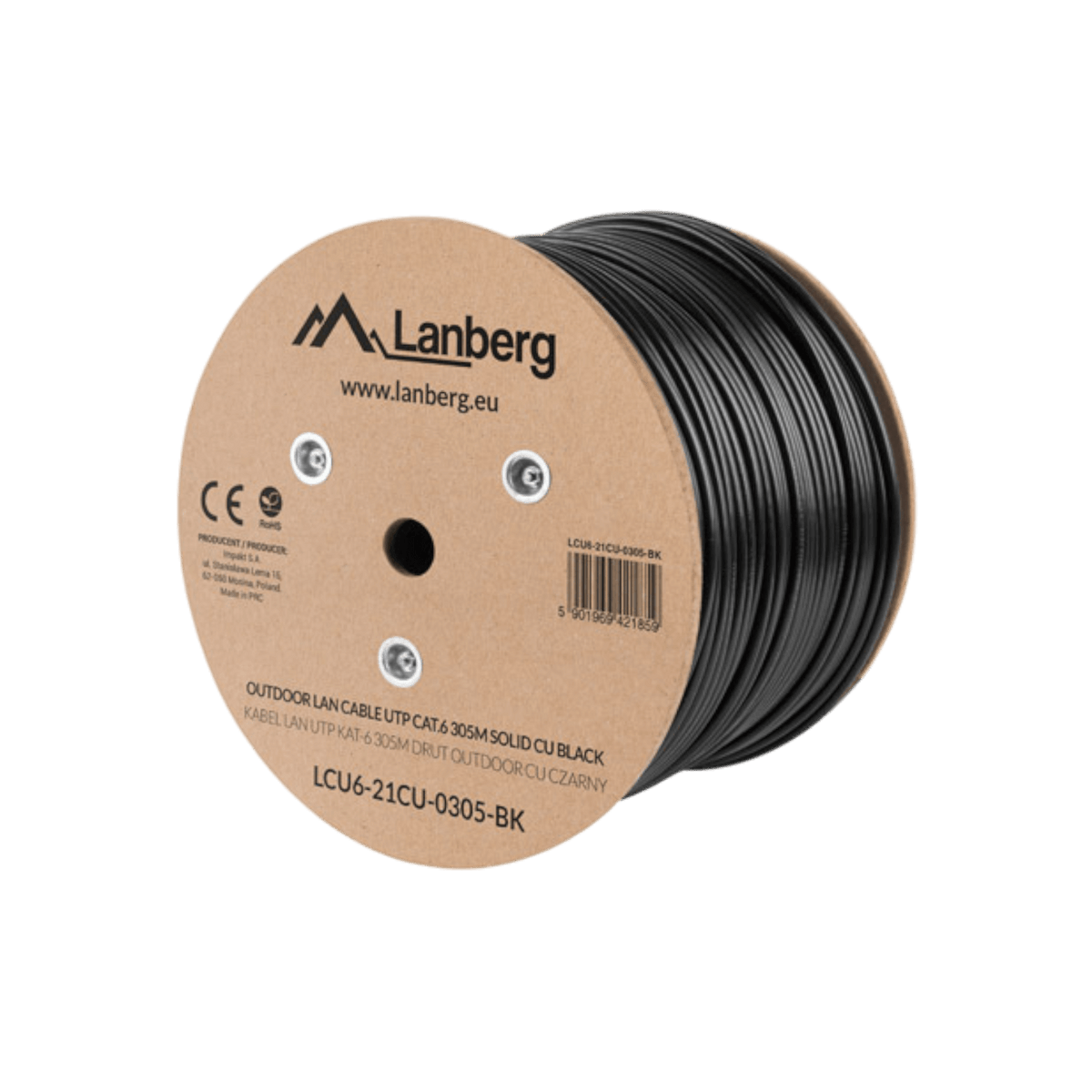 Kabel sieciowy LAN Lanberg UTP Kat.6 Drut CU Fluke Passed Outdoor 305m Czarny.