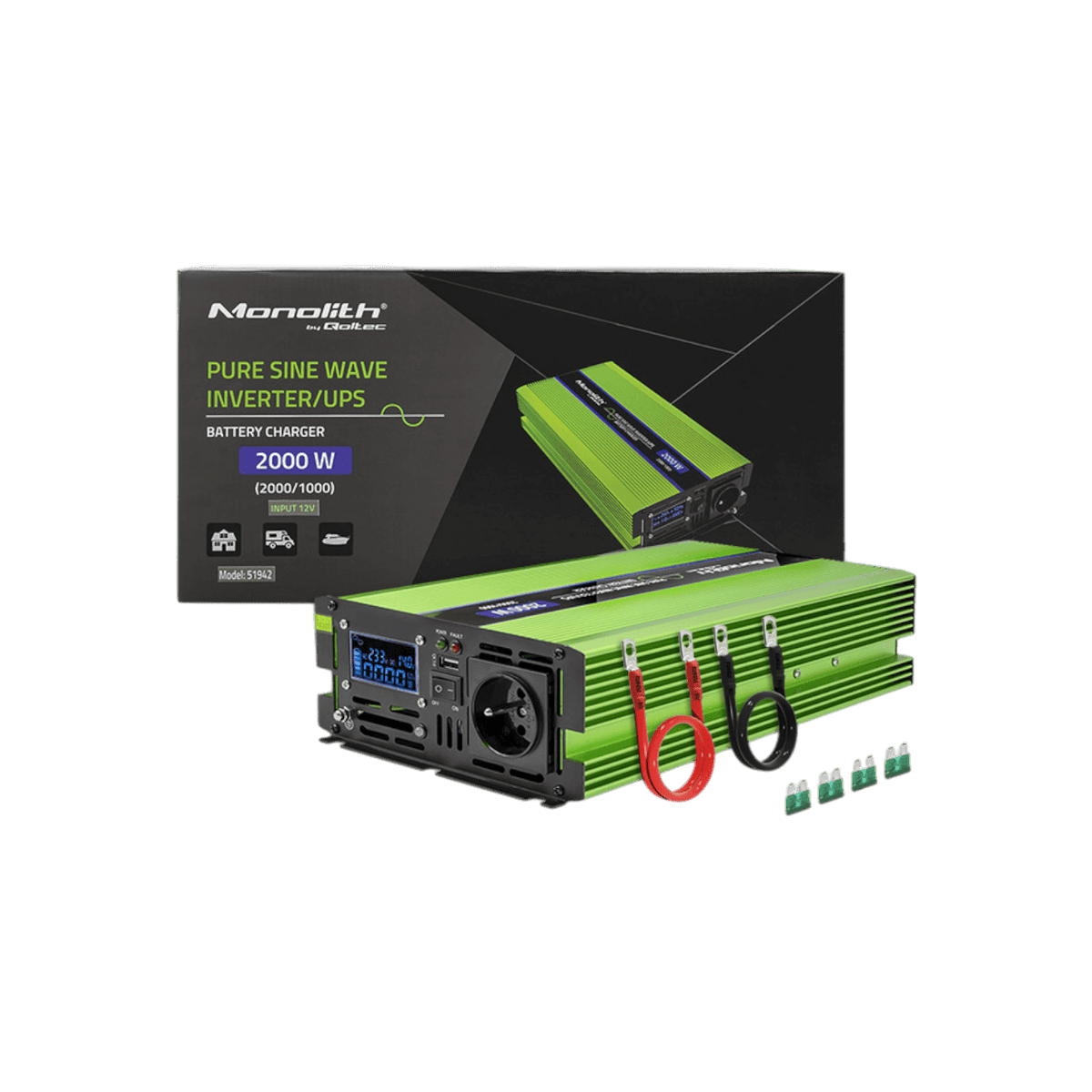 Przetwornica Qoltec Monolith 51942 12V na 230V 1000W/2000W LCD Czysta sinusoida.