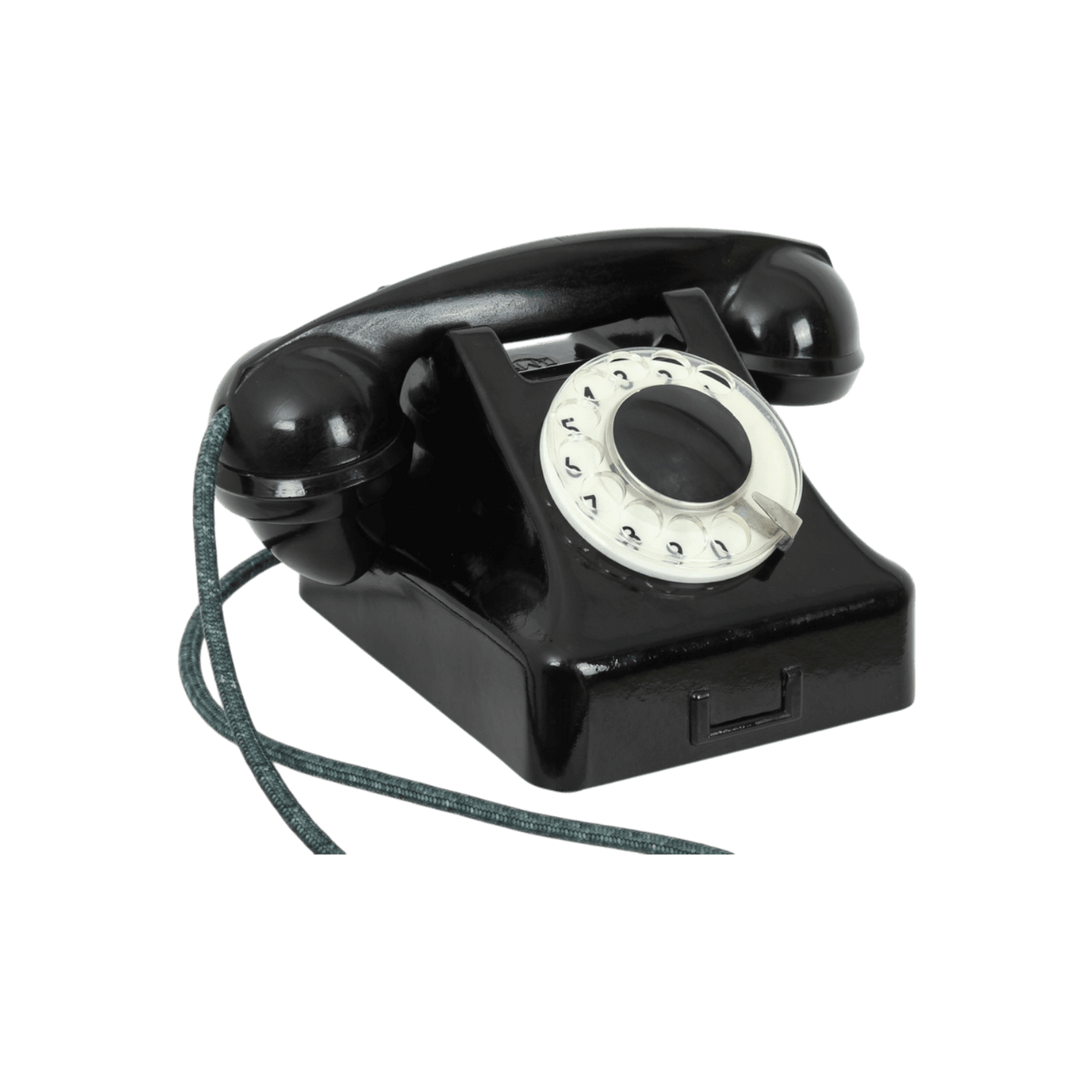 Telefon stacjonarny z obrotową tarczą.
