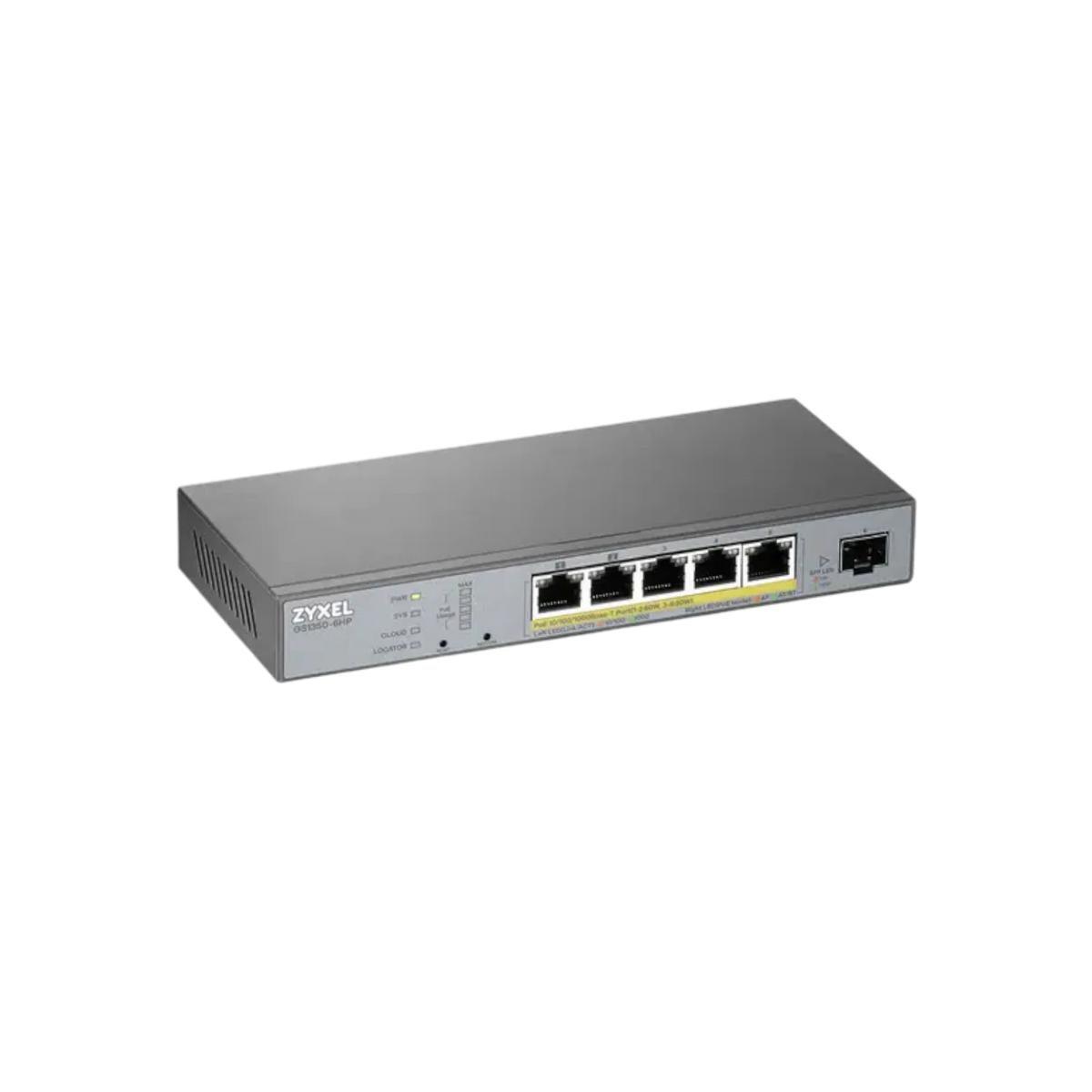 Switch zarządzalny Zyxel GS1350-6HP 5xGbE PoE+ 1xSFP CCTV 60W.