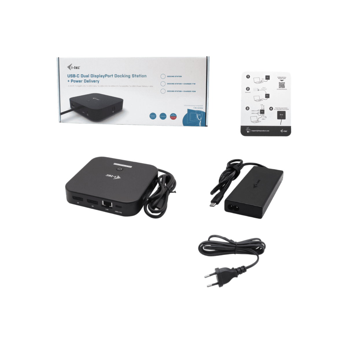 Stacja dokująca i-tec USB-C HDMI DP Docking Station Power Delivery 100 W + Zasilacz i-tec Universal Charger 100 W.