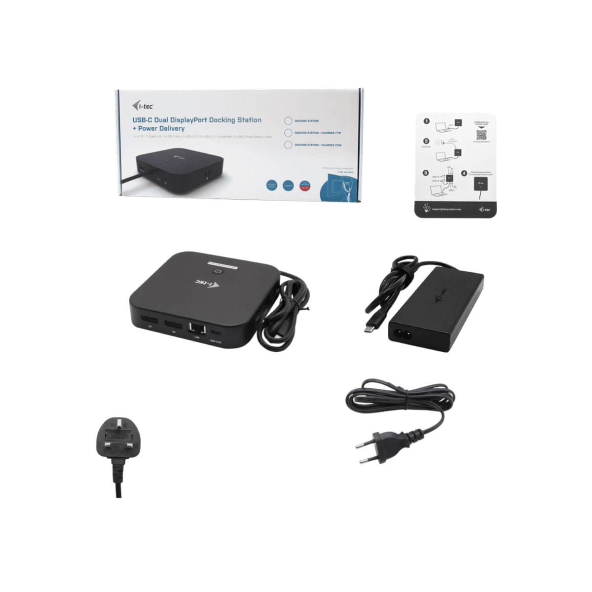 Stacja dokująca i-tec USB-C Dual Display Docking Station Power Delivery 100 W + Zasilacz i-tec Universal Charger 100 W.